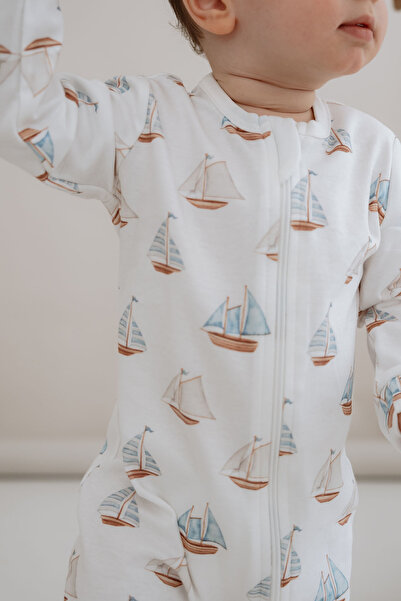 Tuğba Kuğu Zippered Jumpsuit Without Booties - Pureline Series - Sail Boats