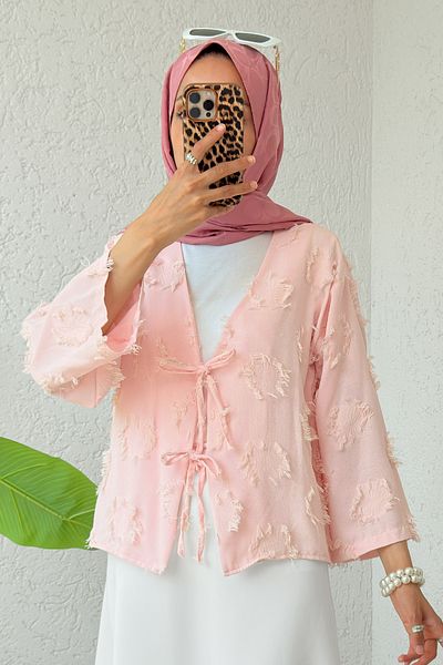 Salih Çelebi Patch Ripped Detailed Kimono 2330 - Powder