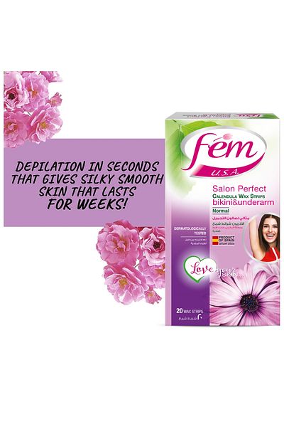 Fem USA Bikini and Underarms Wax Strips for Normal Skin Enriched with Calendula 20pcs