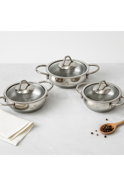 First Class Deluxe Collection 6 Parça Paslanmaz Çelik Sahan Seti – 14-16-18 cm Cam Kapaklı