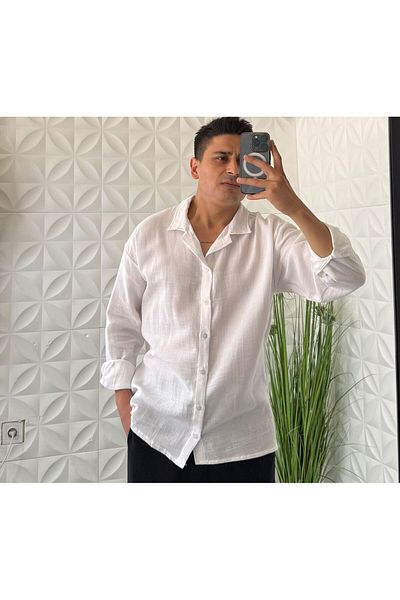 WENMİNG Men's Oversize Linen Shirt Long Sleeve 100% Cotton