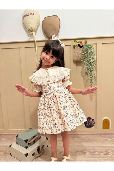 Little Ya Ya Love Casey Ecru Lace Collar Flower Pattern Dress Buckle