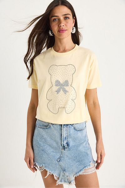 Bianco Lucci Women's Teddy Ribbon Detailed Stone T-Shirt 60602035