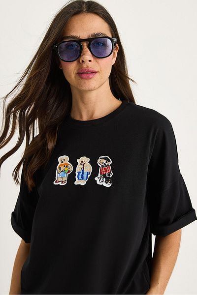 Bianco Lucci Women's Teddy Embroidered Crew Neck Cotton T-Shirt 60602064