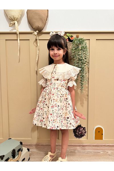 Little Ya Ya Love Casey Ecru Lace Collar Flower Pattern Dress Buckle