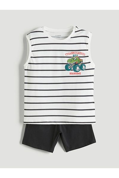 LC Waikiki Ecru Striped Boy's Undershirt and Shorts 2-Piece