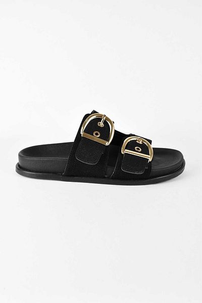 birizmoda Women's Suede Gold Buckle Double Strap Poly Sole Daily Slippers - Black