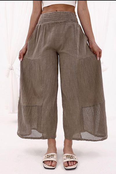AYASOFYA OTANTIK Women's Brown Elastic Waist Pocketed Wide Leg Skirt Trousers with Mesh Detail