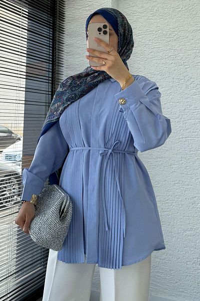 MELEK ARAZ Pleated Design Poplin Tunic - Blue