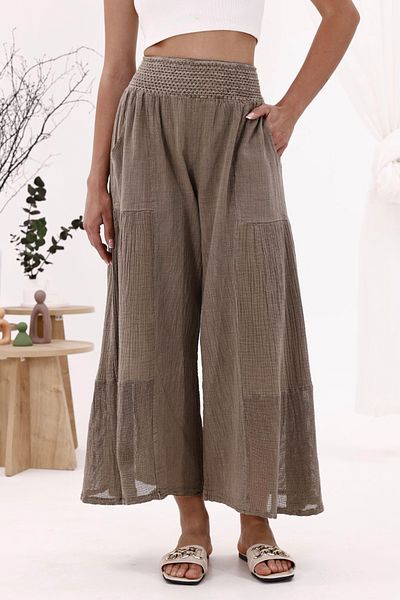 AYASOFYA OTANTIK Women's Brown Elastic Waist Pocketed Wide Leg Skirt Trousers with Mesh Detail