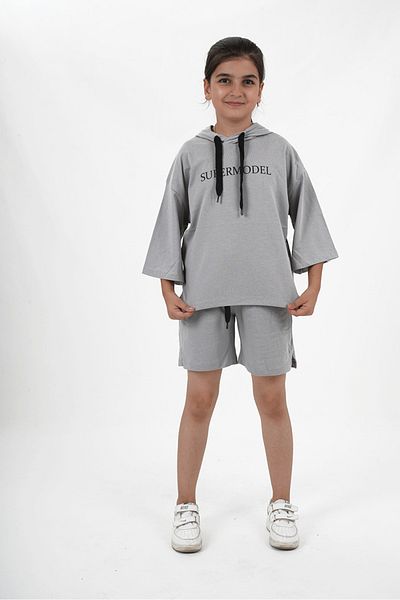 HayKids Girl's Oversize Style Two Thread Fabric Hooded Shorts Set