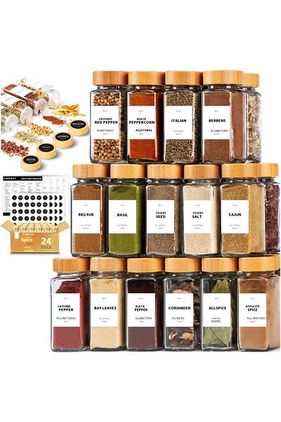 COOYA Spice Jars, 24PCS Glass Spice Jars with Bamboo Lids, Collapsible Funnel, Seasoning Containers Sets