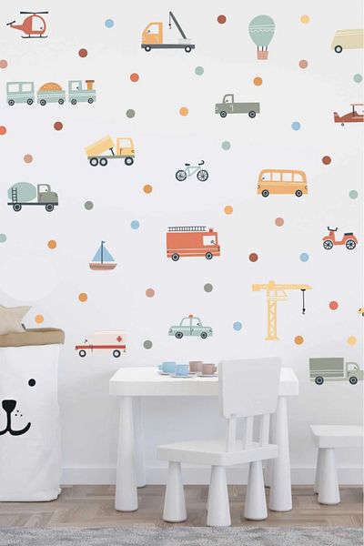 Sim Tasarım Pastel Color Vehicles Cars Kids Room Wall Sticker Set
