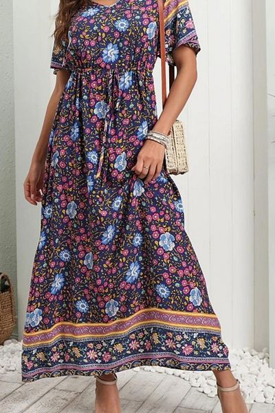 Modayakamoz Women's Floral Print Short Sleeve Elastic Waist Full Length Dress