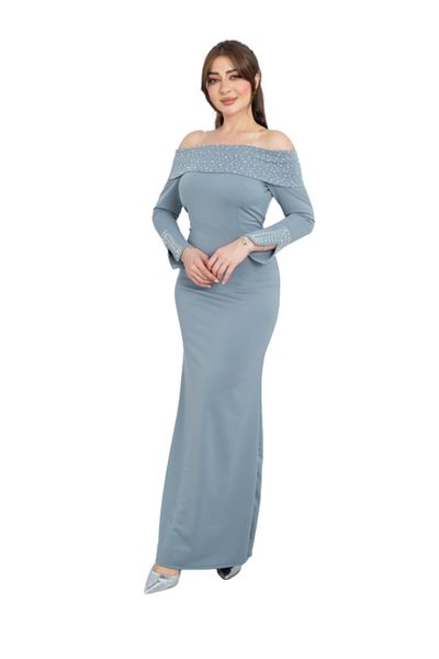 Nice Model Pearl-Embellished Off-Shoulder Evening Gown - Dusty Blue Formal Dress