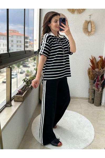 TUNAM BUTİK Black and White Striped Arma Detail Double Set