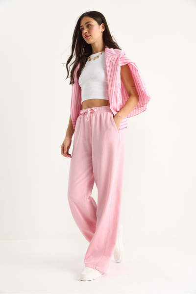 Bianco Lucci Women's Waisted Elastic Pocket Detailed Linen Palazzo Trousers R-6711 60283038