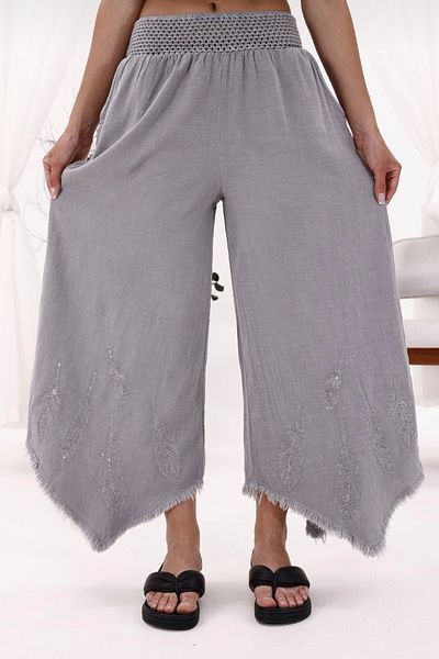 AYASOFYA OTANTIK Women's Gray Feather Pattern Embroidered Elastic Waist Pocket Wide Leg Linen Trousers