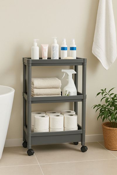 welcomein Slim 3 Tier Rolling Bathroom Organizer - Γκρι πλαστικό ράφι Organizer