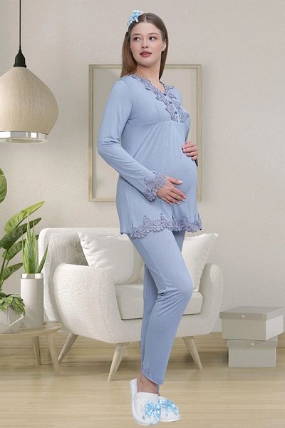 LOHOUSE Set de 3 piese pentru femei, albastru, dantelă, maternitate, pijamale de maternitate