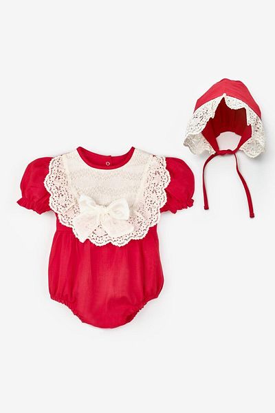 Le Mabelle Red Short Sleeve Baby Girl Jumpsuit with Hat Accessory - Perla