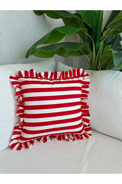 Decamor home Kırmızı Çizgili Fırfırlı Kırlent Kılıfı 1 ADET