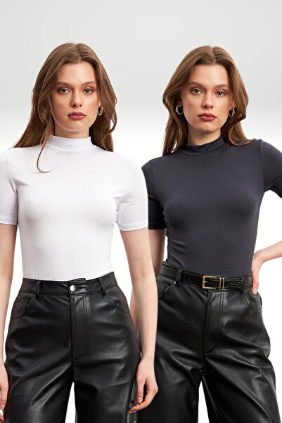 Ladima بلوزة نسائية بأكمام قصيرة باللون الأبيض الفحمي مكونة من قطعتين