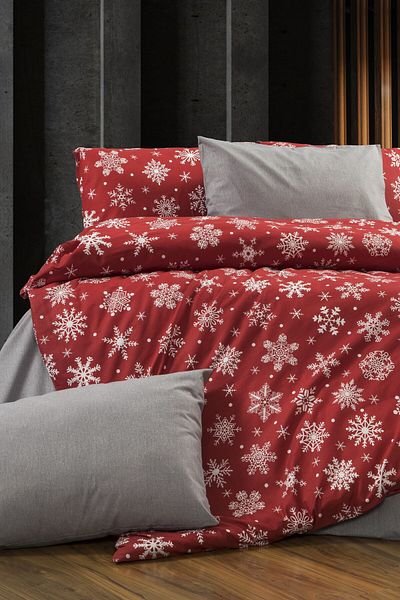 GARDEN ROOM Double Duvet Cover Set with Elastic Sheet Snowflake Red