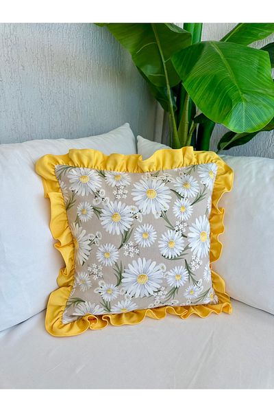 Decamor home Retro Daisy Patterned Ruffled Beige Yellow Throw Pillow Case