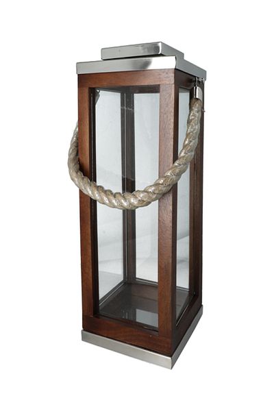 SERENE Elegant Modern Design Stainless Steel Wood and Glass Lantern with Rope