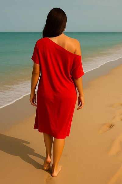 Hayalet Off Shoulder Slit Oversize Combed Cotton Tunic Loose Dress