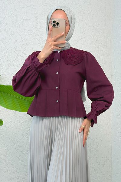 Salih Çelebi Lace Collar Pleated Shirt 2313 - Claret Red