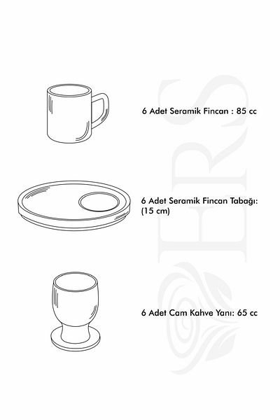 Erbaşlar Love Bird Black Coffee Side Cup 18 Piece Coffee Cup Set for 6 People, Set