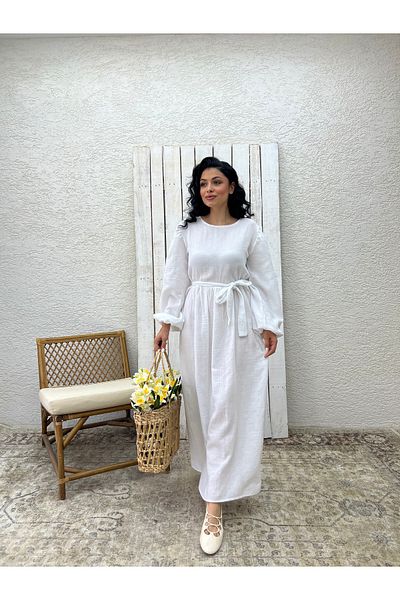 KÜÇÜĞÜM BUTİK Hijab White Muslin Gathered Waist Dress