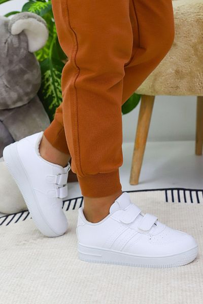 Weynes Pantofi sport casual pentru copii, albi, cu 2 dungi, cu velcro WSB4084