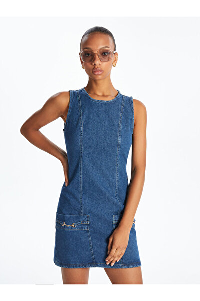 LC Waikiki LCW Vision Indigo Bisiklet Yaka Mini Jean Elbise S5OQ64Z8NVY25