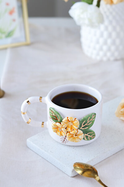 ada mia seramik Handmade Flower Figured 24K Gold Decorated Ceramic Mug 200ml