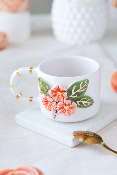 ada mia seramik Handmade Flower Figured 24K Gold Decorated Ceramic Mug 200ml