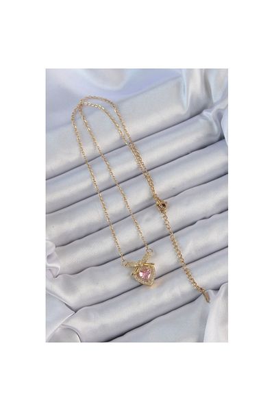 Skygo 316L Steel Chain Gold Color Pink Zircon Stone Heart Necklace with Bow - Tj-Bko9173