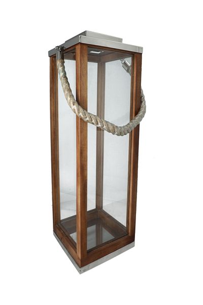 SERENE Elegant Modern Design Stainless Steel Wood and Glass Lantern with Rope