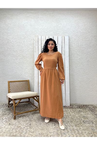 KÜÇÜĞÜM BUTİK Hijab Camel Muslin Gathered Waist Dress