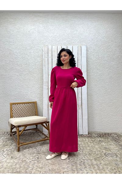 KÜÇÜĞÜM BUTİK Hijab Fuchsia Muslin Gathered Waist Dress