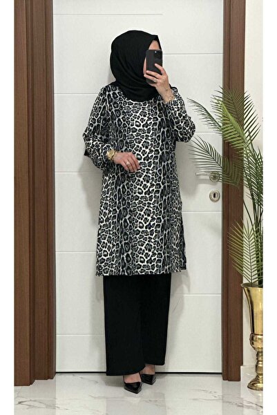 modasura 6622 K 60 leopar desen GRİ TUNİK PANTOLON TAKIM bürümcük kumaş Büyük...