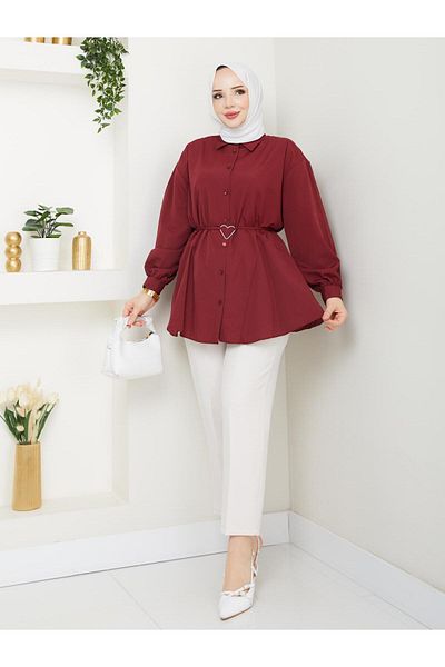 exxitcollection Women's Hijab Long Burgundy T-Shirt Belted Tunic Shirt
