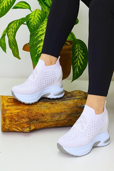 Nubbock Kadın Beyaz Taşlı Fileli Gizli Topuk Ayakkabı NK4078