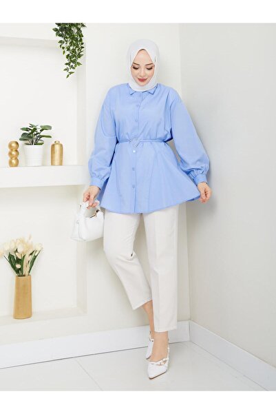 exxitcollection Γυναικείο Hijab Long Baby blue T-shirt με ζώνη