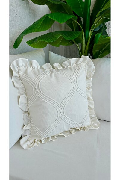 Decamor home Embroidery Detailed Ruffled Ecru Throw Pillow Cover 1 Piece