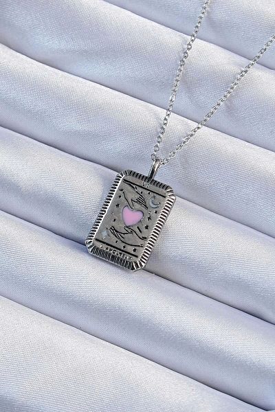 Store 316L Steel Chain Antique Silver Color Pink Enamel Heart Figure Tarot Necklace