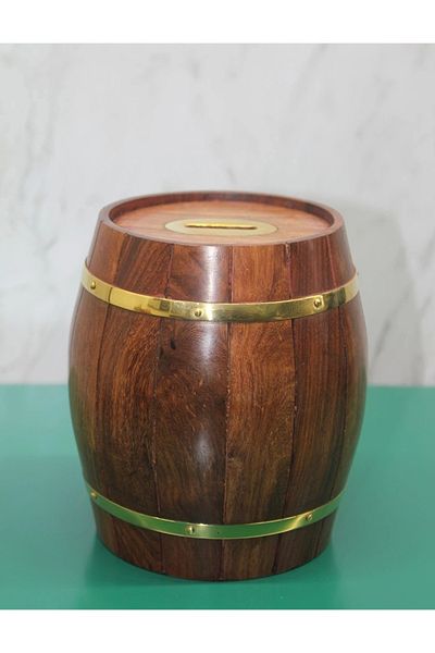 No8 Home Brass Wooden Barrel Piggy Bank 1996