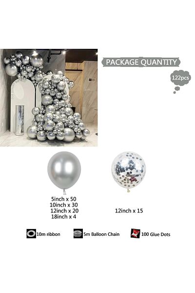 Choice O 10inch 122PCS 122Pc Silver Metal Latex Balloons Arch Garland Kit Metallic Silver Air Globos for Br